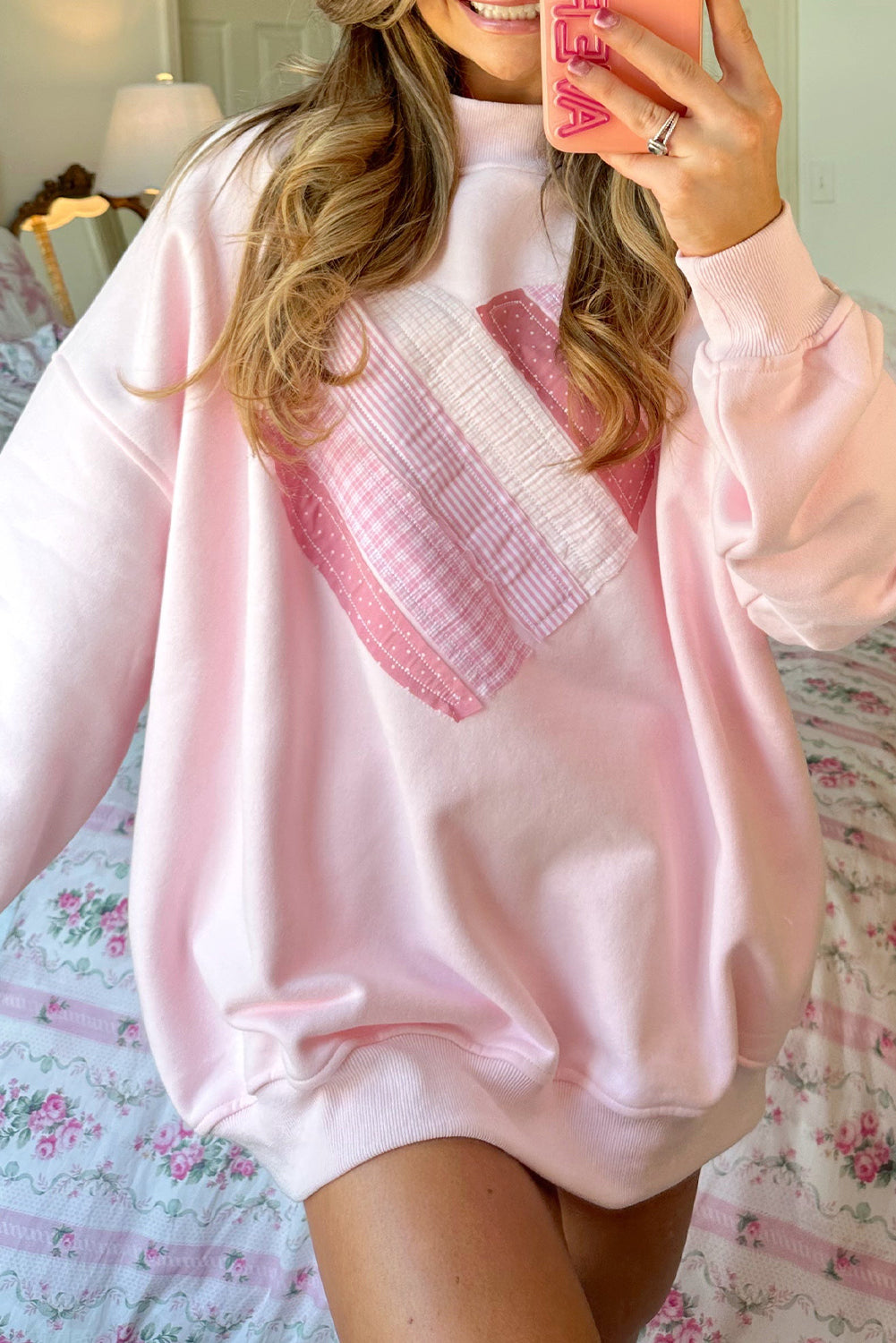 Light Pink Sweetheart Patchwork Mockneck Oversize Sweatshirt