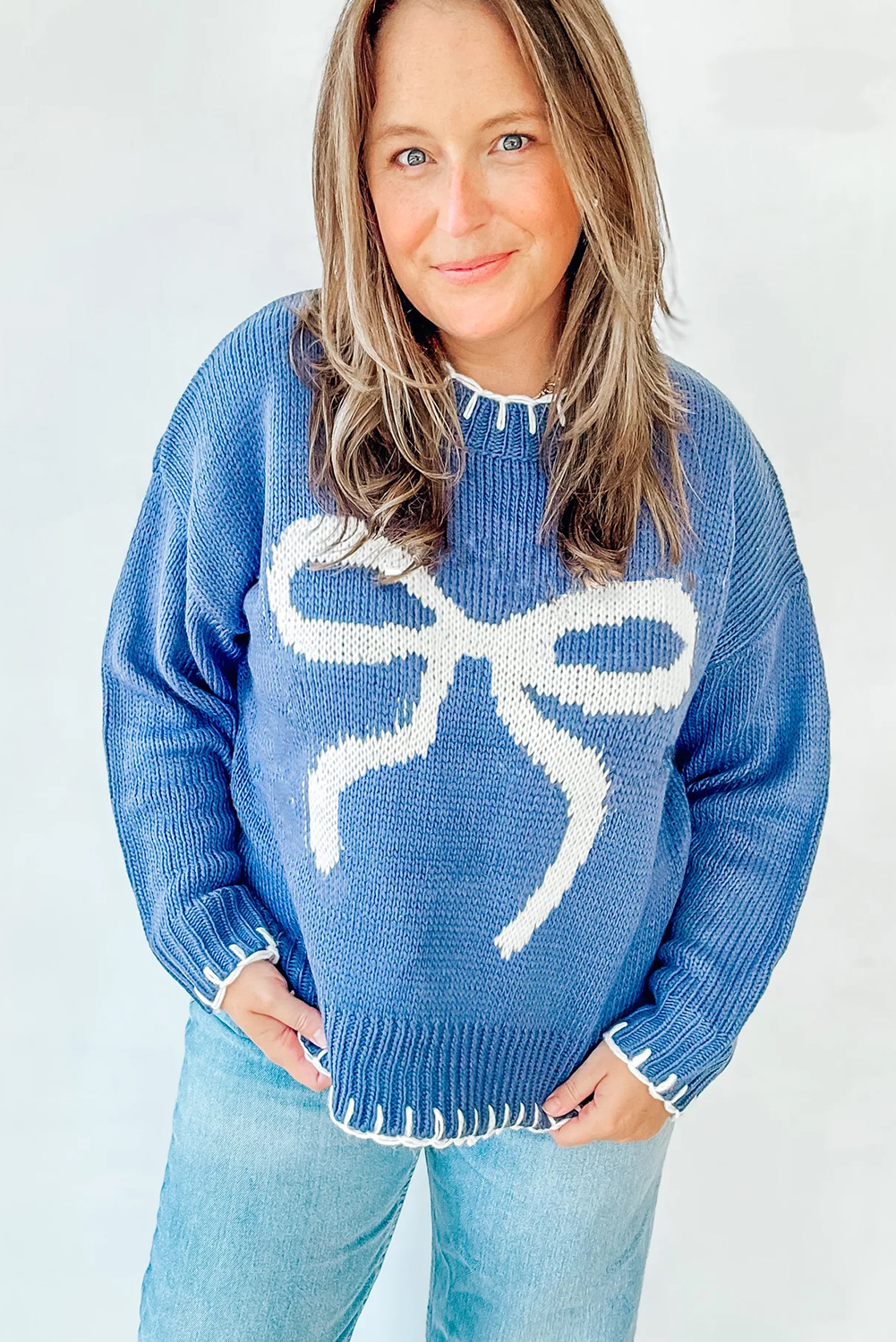 Peacock Blue Contrast Trim Bow Pattern Plus Size Sweater