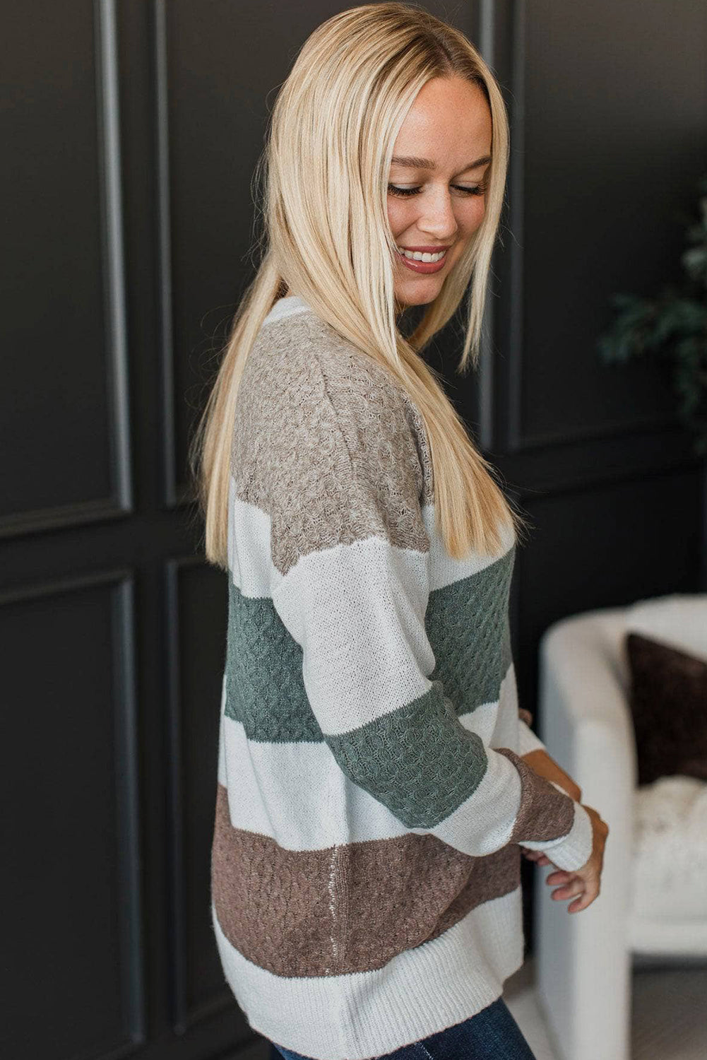 Green Mixed Texture Knit Striped Color Block Loose Sweater