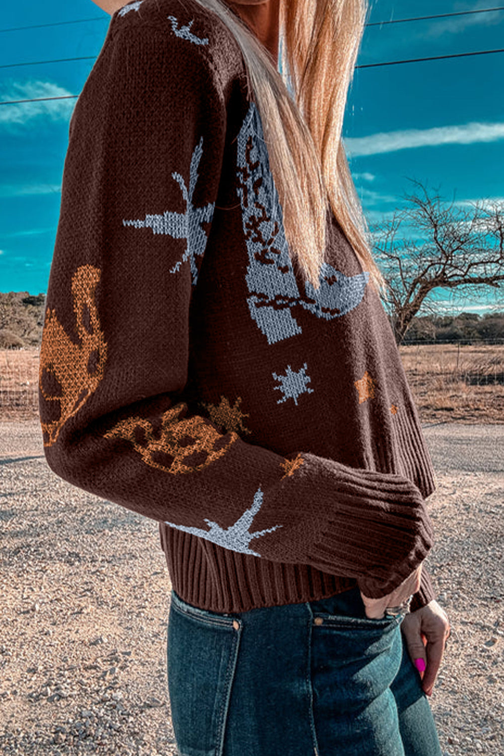 Brown Cowgirl Fashion Print Casual Sweater