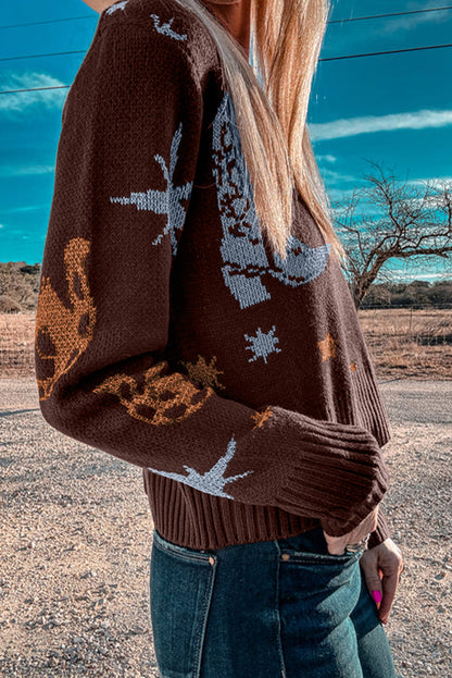 Brown Cowgirl Fashion Print Casual Sweater