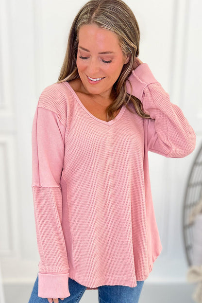 Pink Waffle Knit Patchwork Loose Casual Top