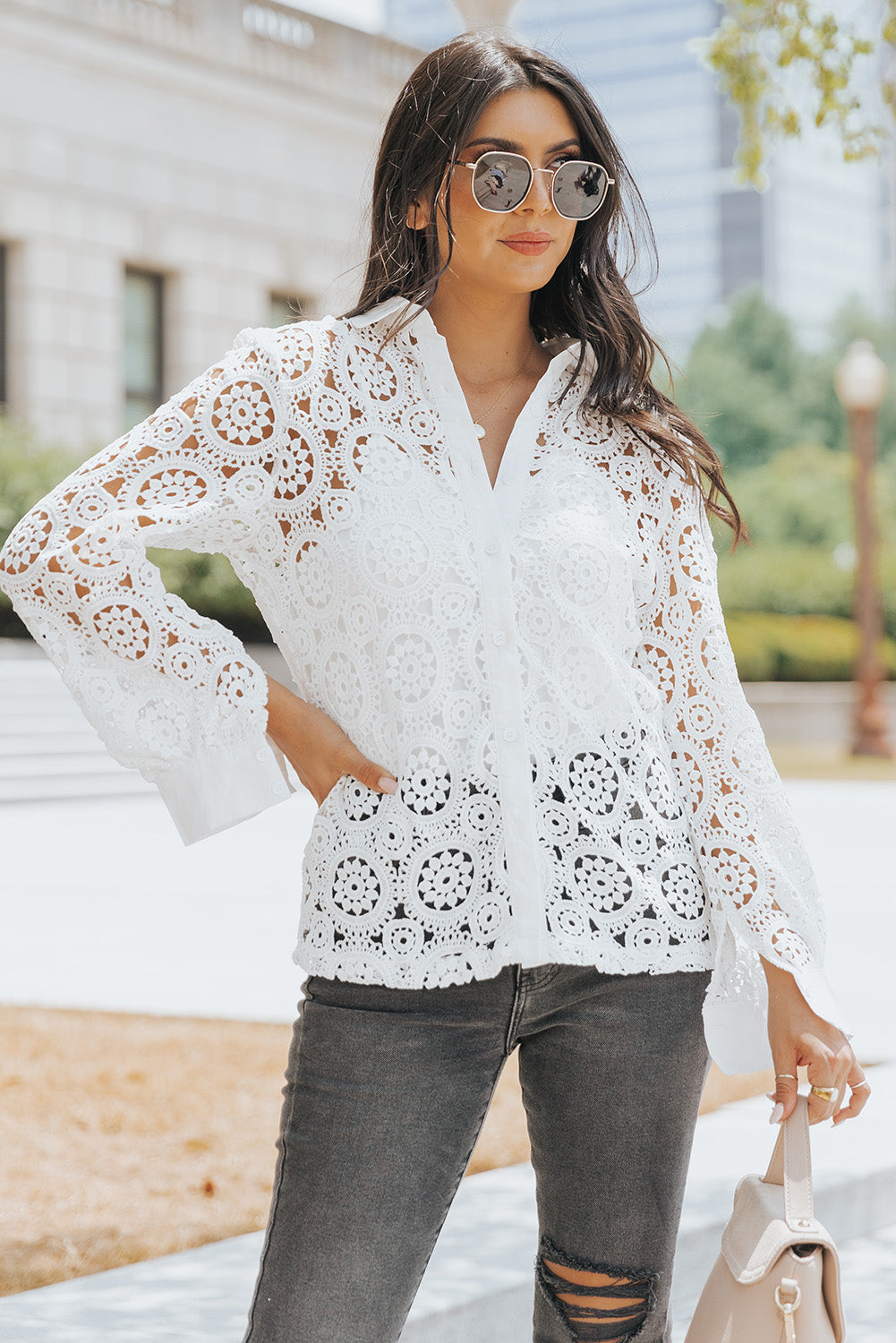 Elegant White Crochet Lace Button-Up Shirt with Turn-down Collar
