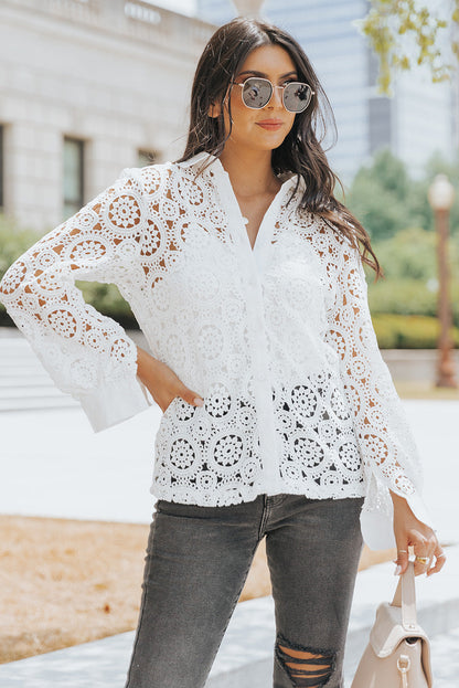Elegant White Crochet Lace Button-Up Shirt with Turn-down Collar