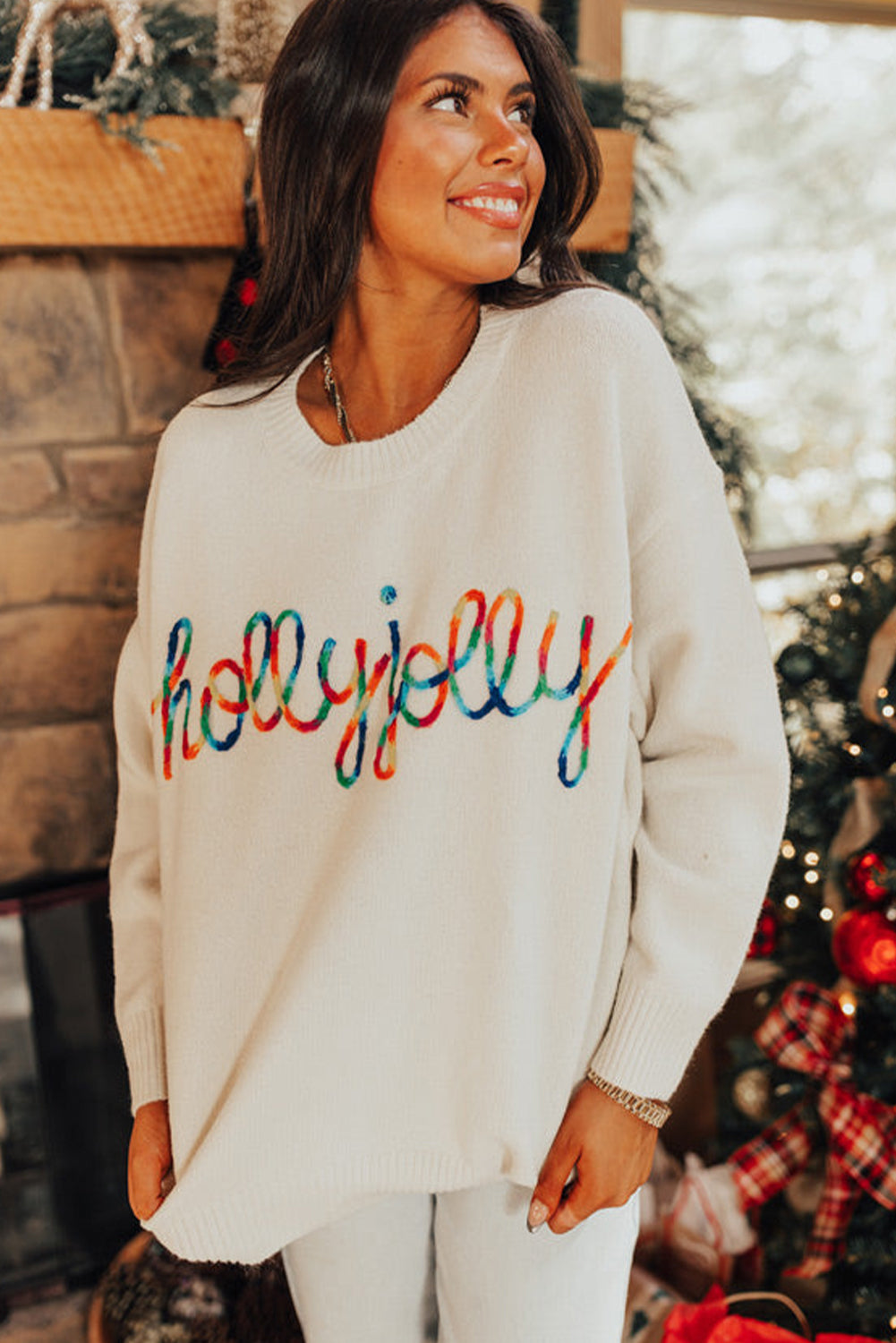 Beige Colorful Holly Jolly Christmas Knit Loose Sweater