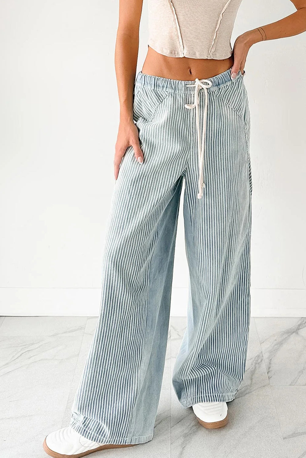 Sky Blue Stripe Contrast Drawstring Wide Leg Patchwork Jeans