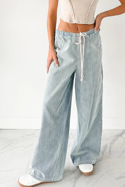 Sky Blue Stripe Contrast Drawstring Wide Leg Patchwork Jeans