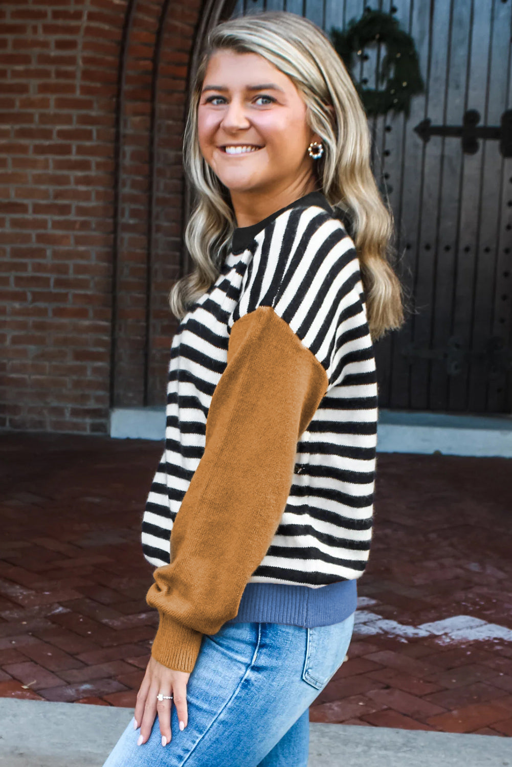 Khaki Striped Panels Colorblock Sleeve Chic Sweater