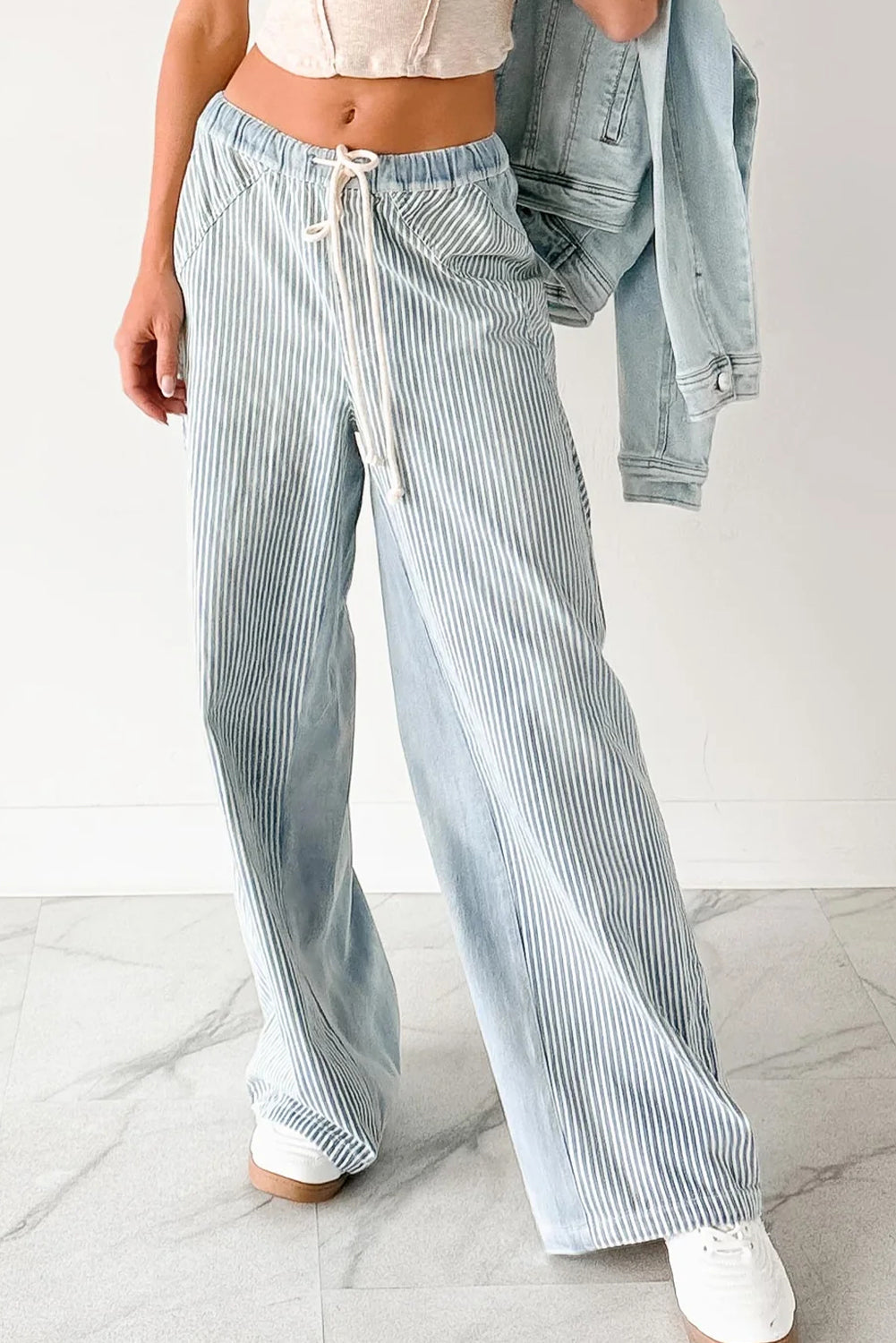 Sky Blue Stripe Contrast Drawstring Wide Leg Patchwork Jeans