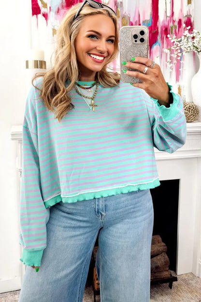 Green Stripe Exposed Seam Contrast Ribbed Trim Oversize Sweatshirt