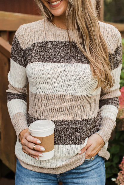 Khaki Stripe Color Block Crew Neck Slim Sweater