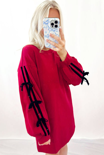 Racing Red Contrast Striped Bow Detail Drop Shoulder Tunic T Shirt Dress