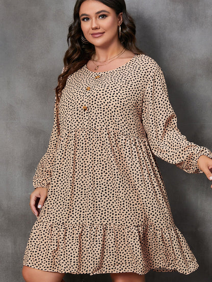 Brown Leopard Spotted Print Tiered Long Sleeve Plus Size Dress