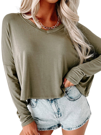 Green Relaxed Fit V Neck Drop Shoulder Top