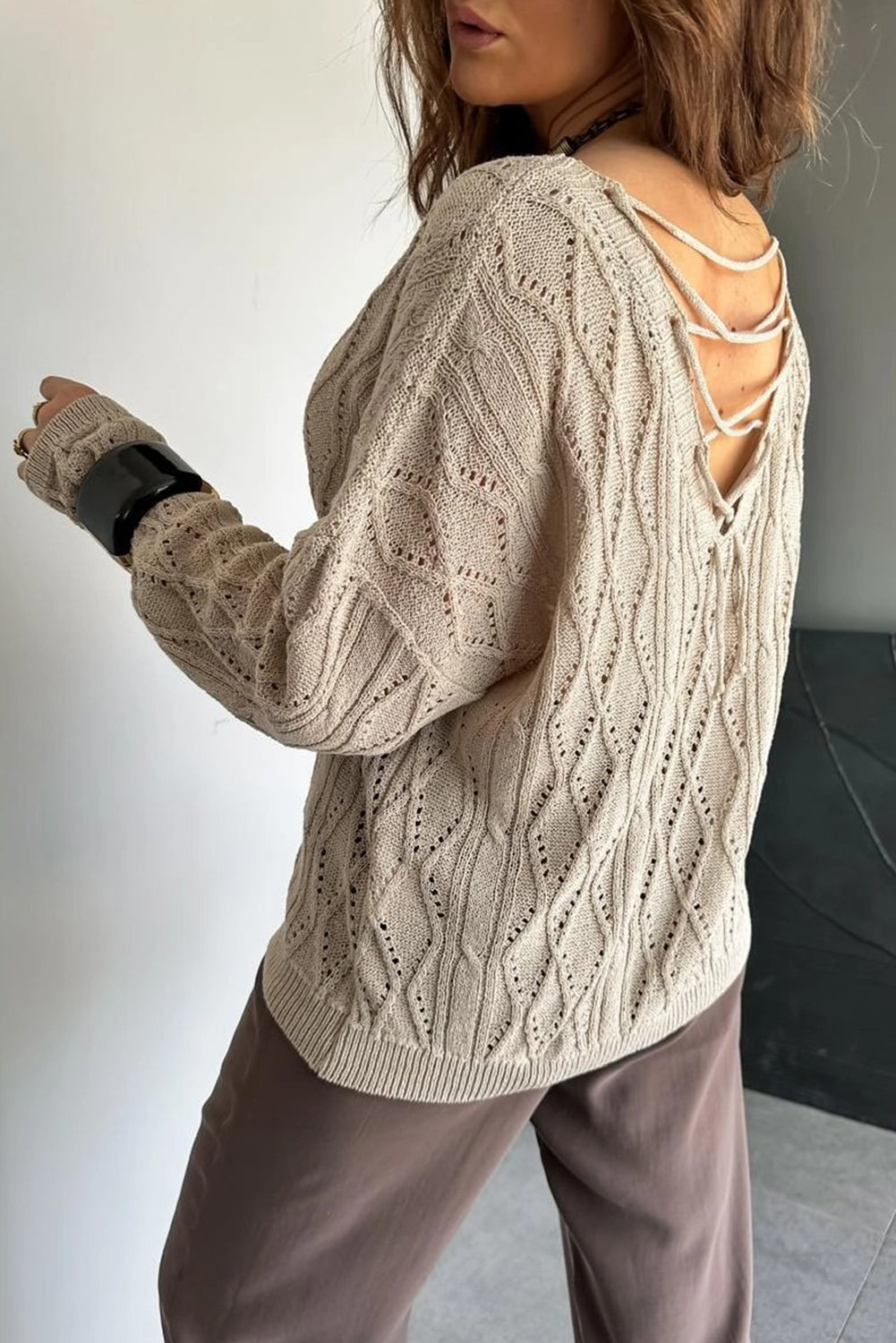 Parchment Geometric Textured Crisscross Lace up Knit V Neck Sweater