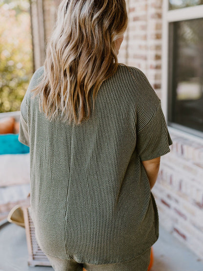 Moss Green Plus Size Rib Knit Short Sleeve Top and Shorts Set