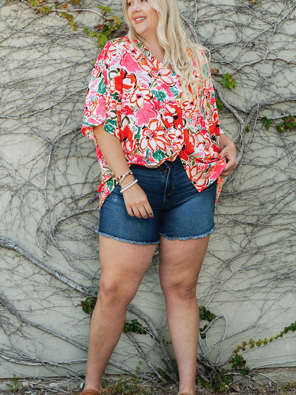 Floral Print Rose Kimono Sleeve Plus Size Blouse