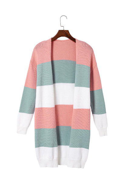 Green Striped Colorblock Open-Front Cardigan