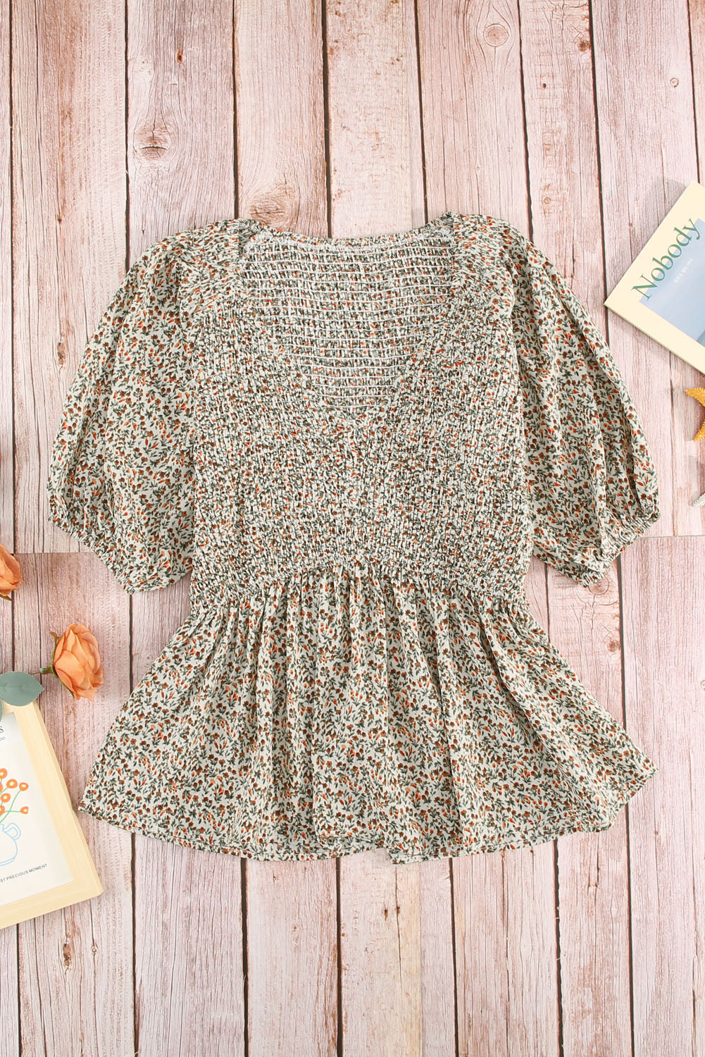 Floral Puff Sleeve Peplum Blouse