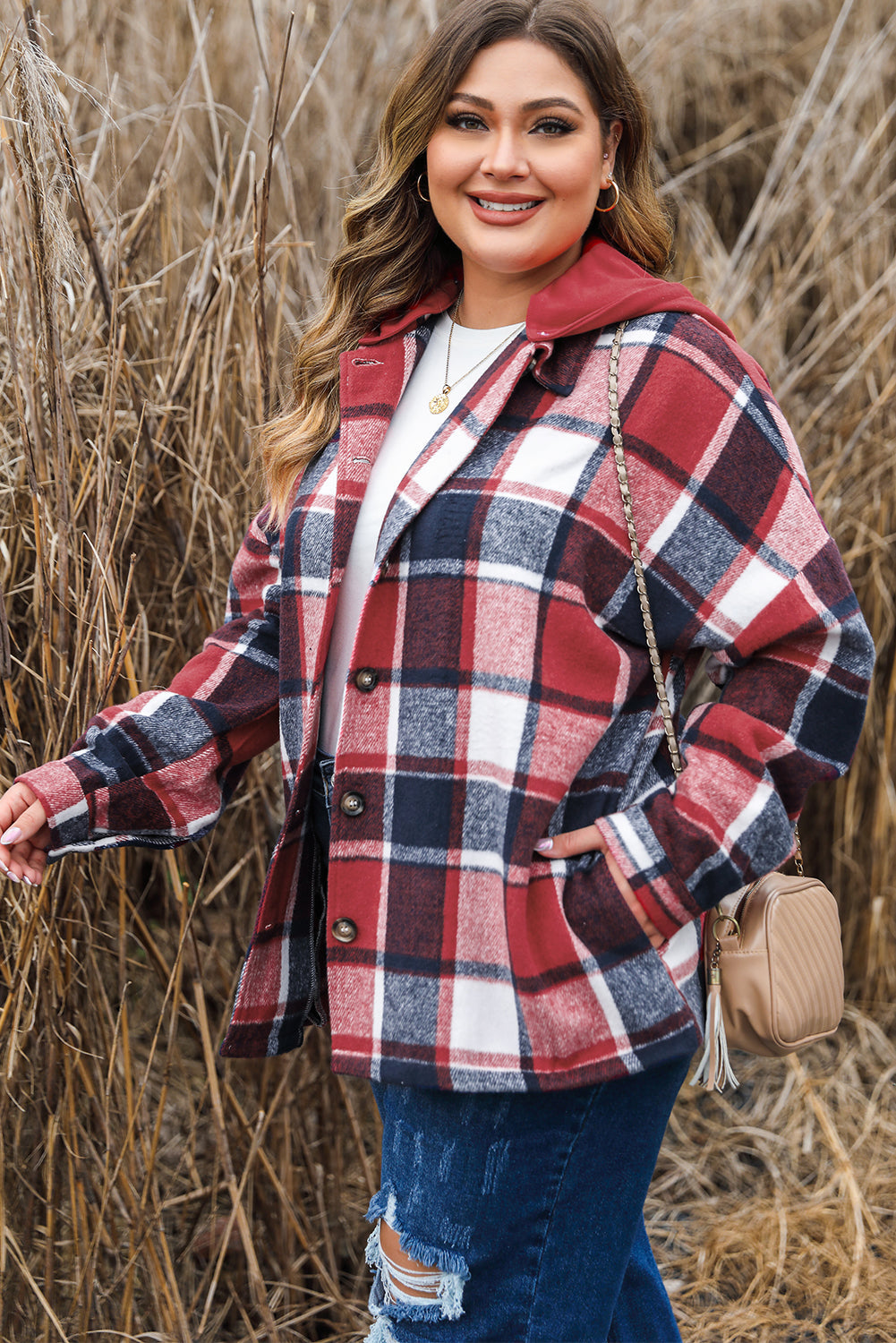 Red Plaid Hooded Jacket for Plus Size Women