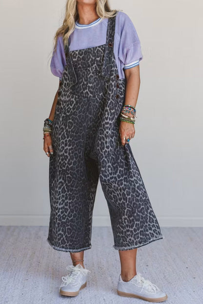 Gray Leopard Print Button Adjustable Straps Loose Denim Overall Jumpsuit