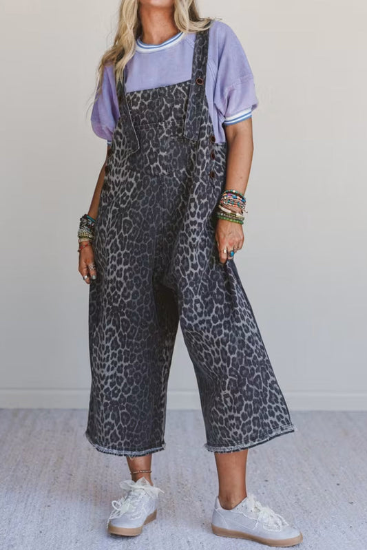 Gray Leopard Print Button Adjustable Straps Loose Denim Overall Jumpsuit
