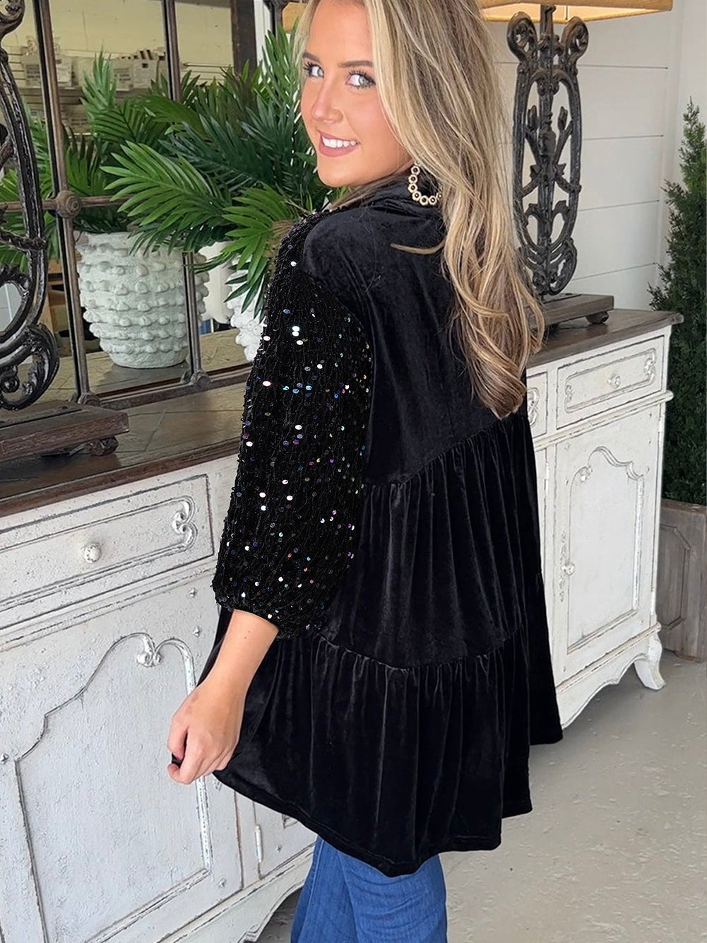 Elegant Black Velvet Peplum Shirt with Sequin Detail