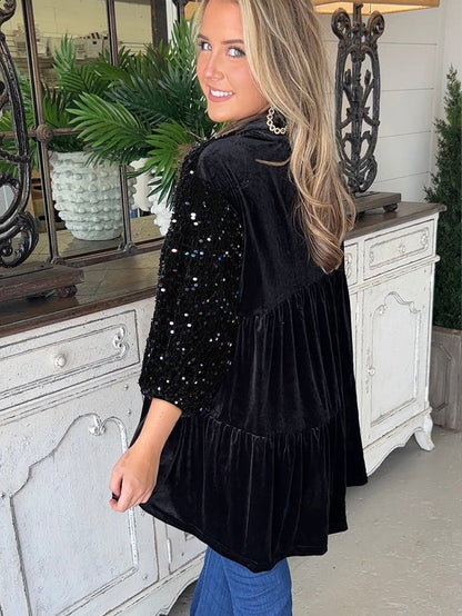 Elegant Black Velvet Peplum Shirt with Sequin Detail