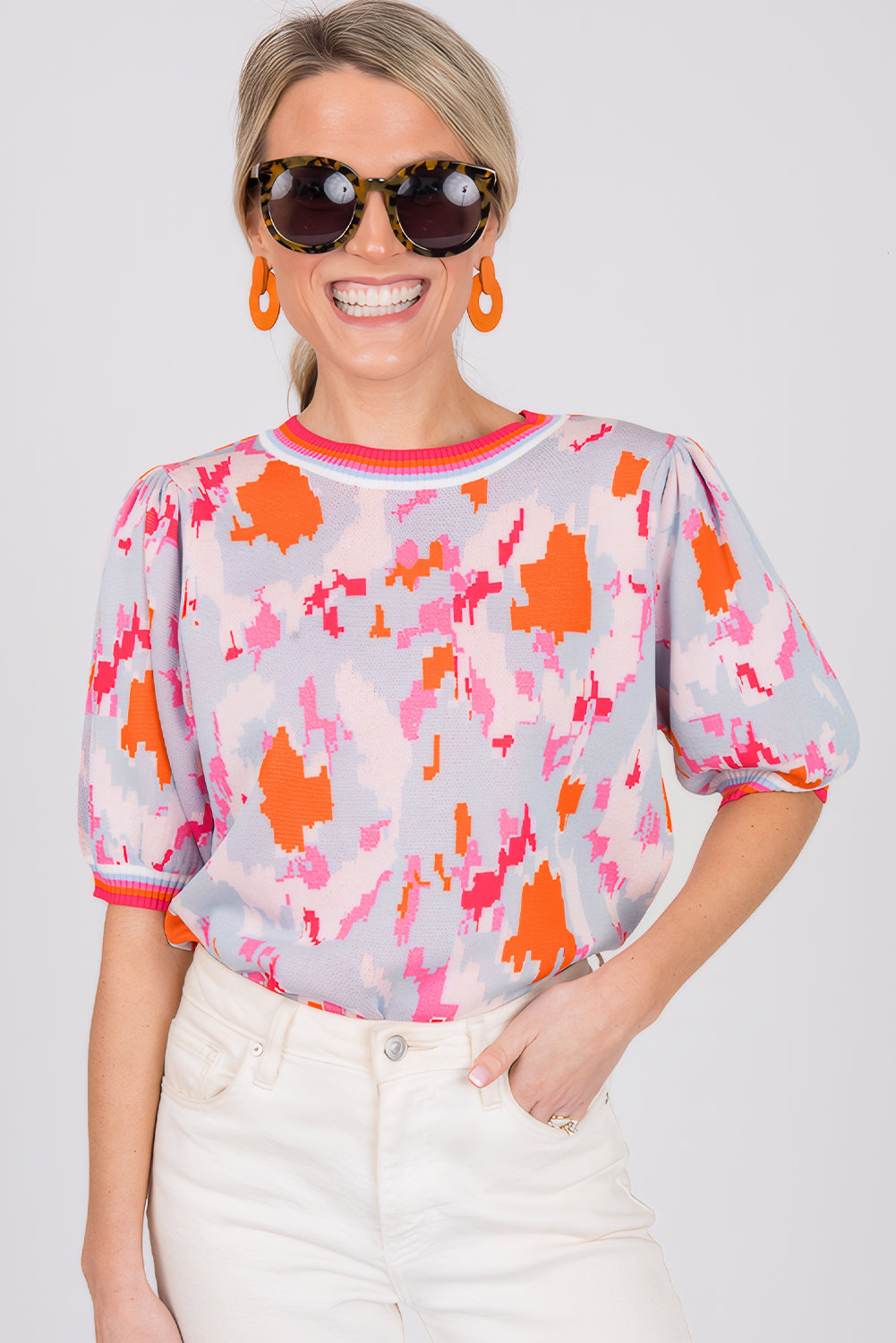 Light Blue Abstract Pattern Knit Contrast Striped Trim Short Sleeve Sweater