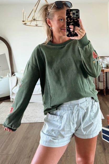 Mist Green Mineral Wash Drop Shoulder Floral Embroidered Sleeve Raw Edge Sweatshirt