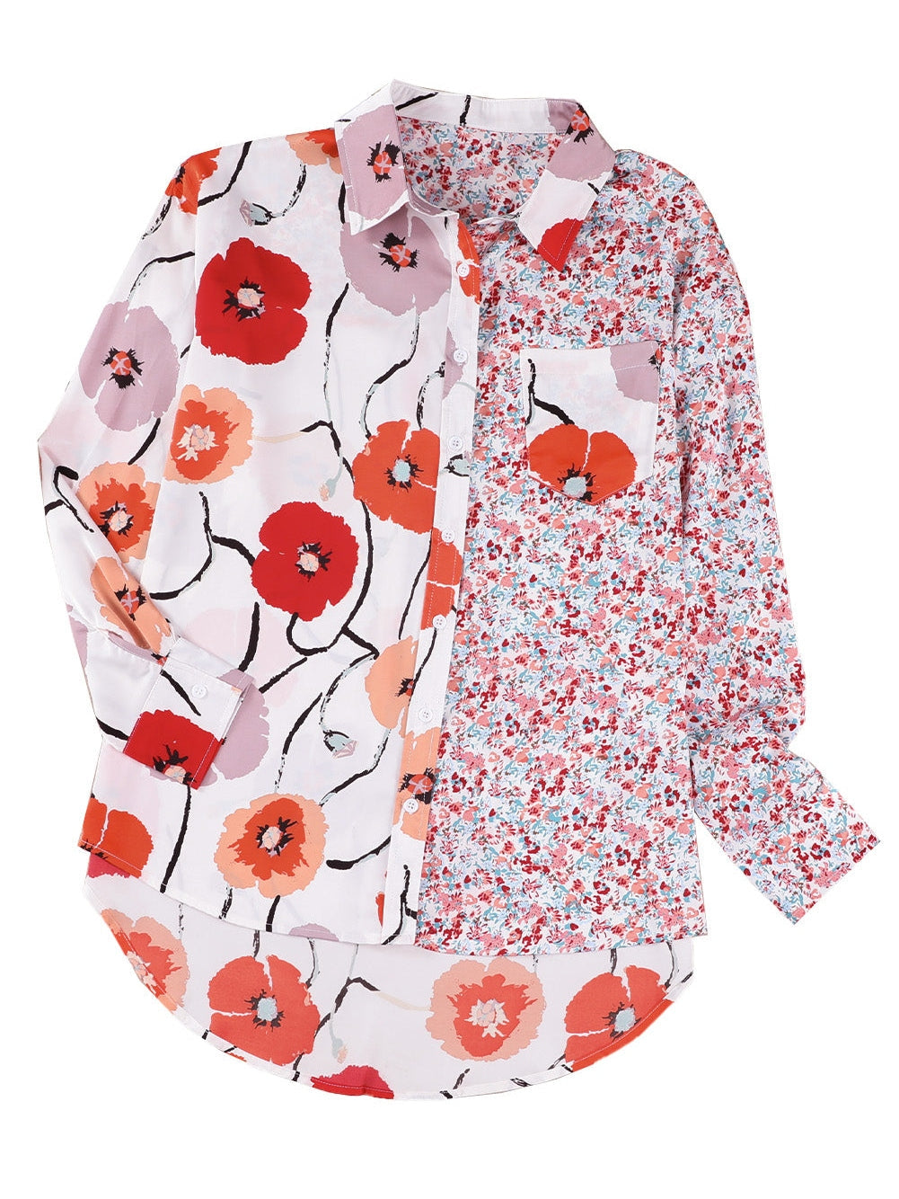 Fiery Red Floral Patchwork Button-Up Blouse with Front Pocket
