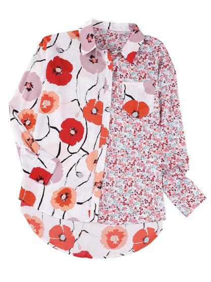 Fiery Red Floral Patchwork Button-Up Blouse with Front Pocket