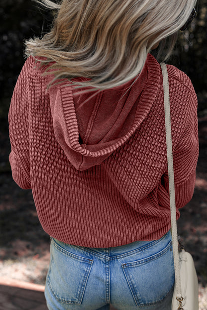 Red Dahlia Mineral Wash Ribbed Knit Button Drawstring Neck Hooded Sweater
