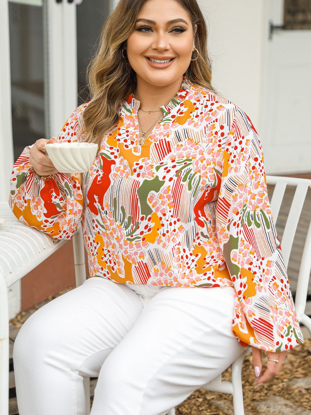 Orange Abstract Floral Frilled V-Neck Plus Size Blouse
