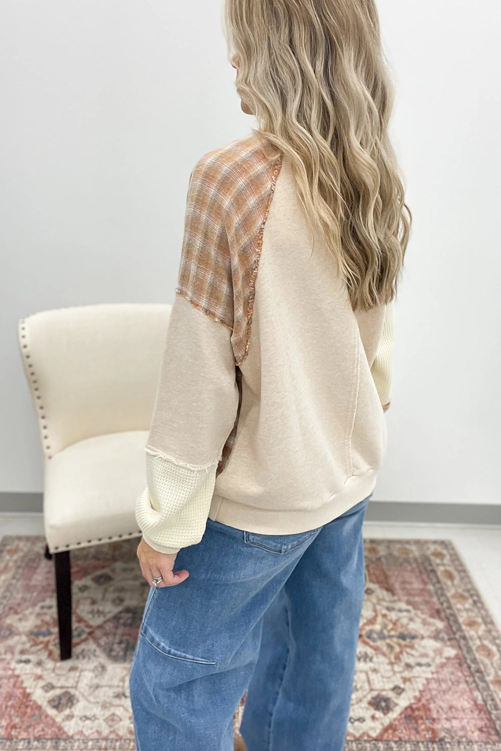 Jet Stream Plaid Waffle Patchwork Kangaroo Pocket Long Sleeve Top