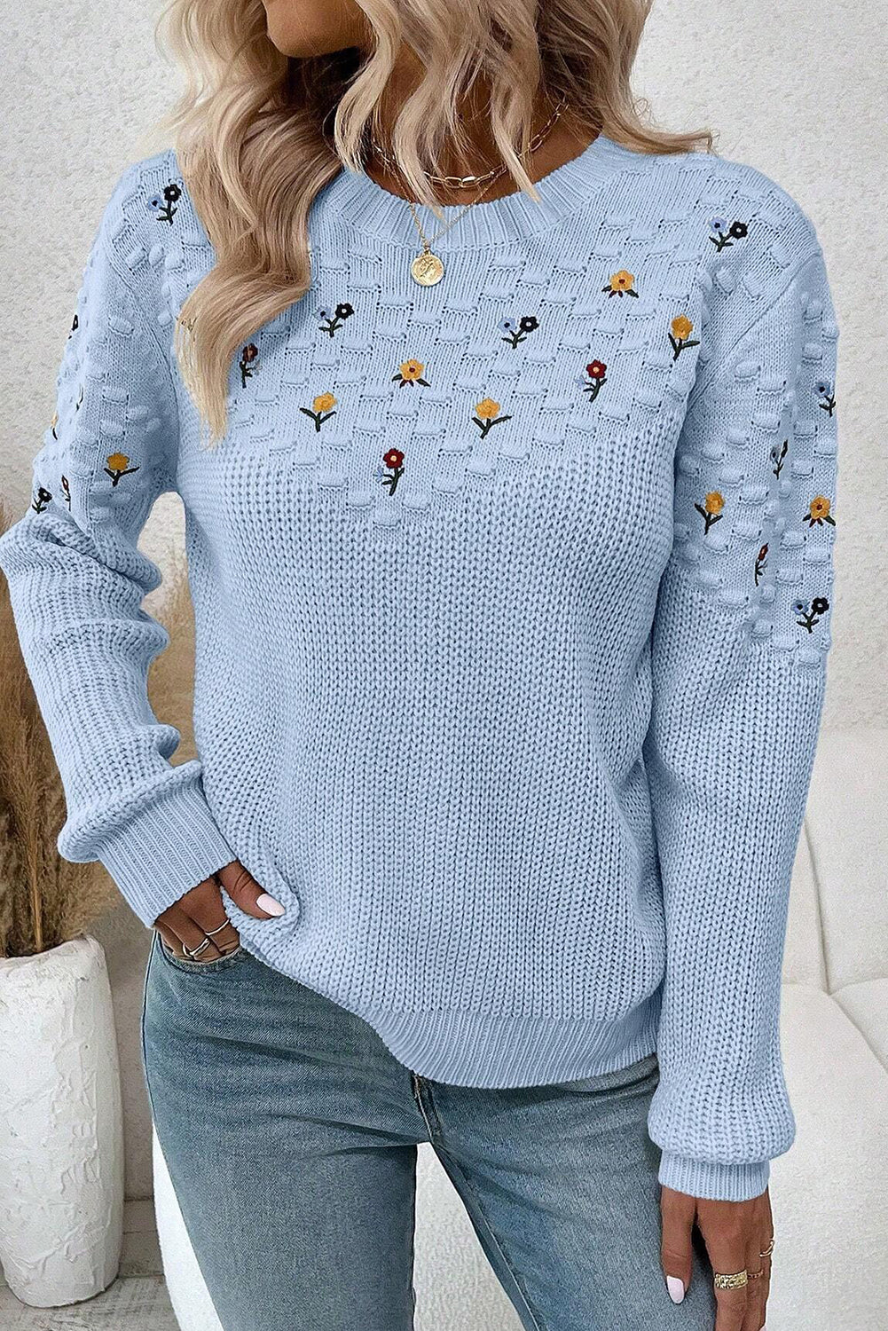 Beau Blue Mixed Texture Knit Flower Embroidered Detail Casual Sweater