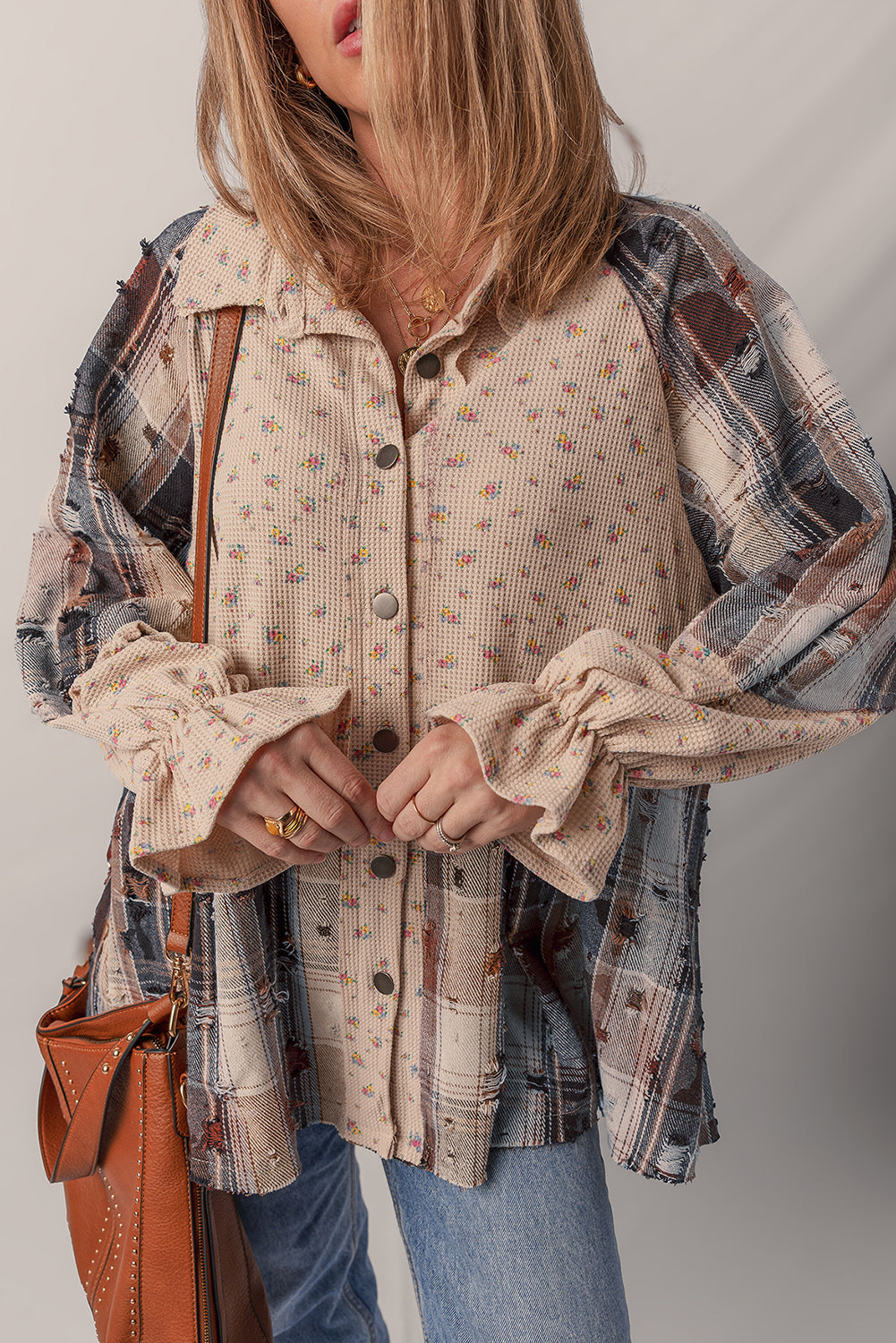 Ashleigh Blue Boho Floral Plaid Patchwork Distressed Detail Ruffled Sleeve Waffle Knit Shacket