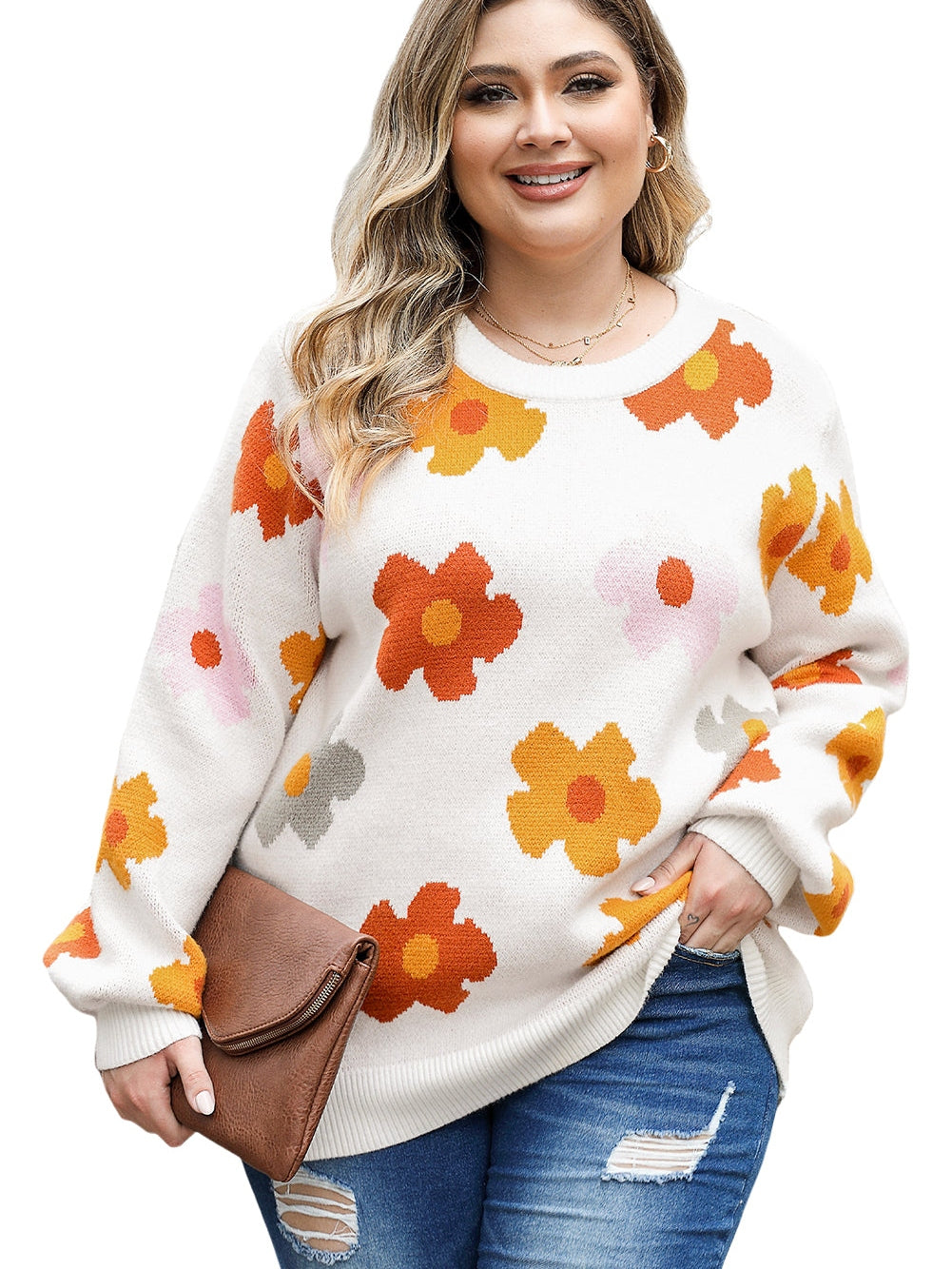 White Floral Ribbed Trim Plus Size Casual Sweater