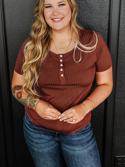 Chestnut Plus Size Ribbed Knit Henley Tee