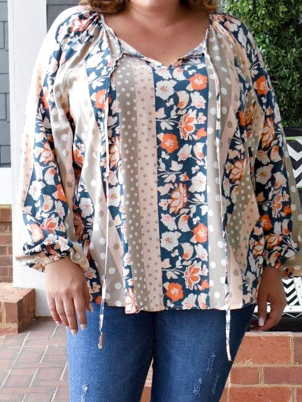 Multicolor Plus Size Mixed Print Split Neck Blouse