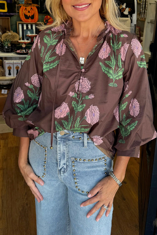 Brown Floral Print Bracelet Sleeve Frilled Collar Tie Neck Blouse