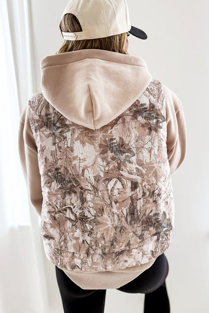Brown Leafy Abstract Print Winter Puffer Vest