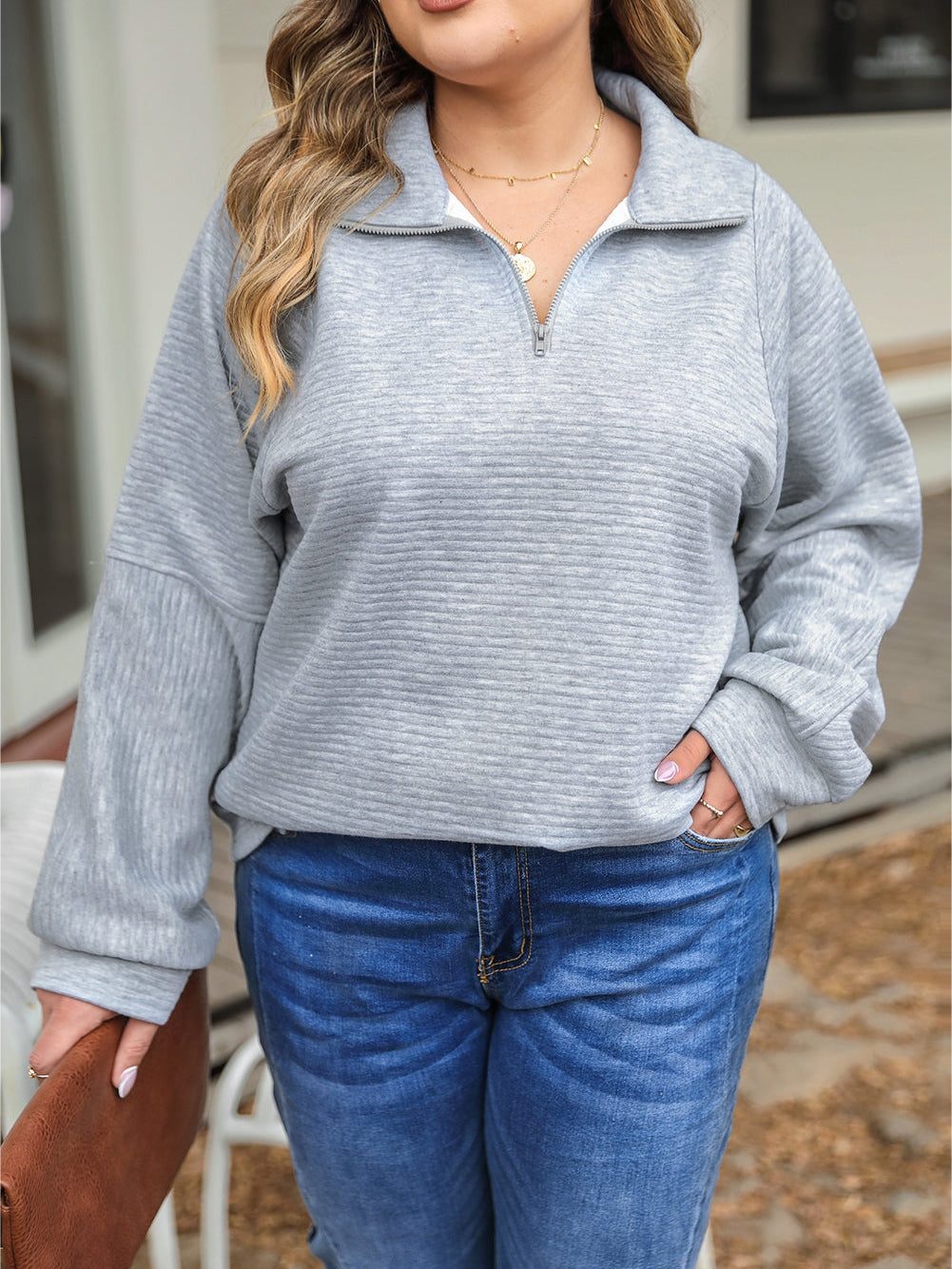 Light Grey Quarter Zipper Collared Ribbed Knit Plus Size Top