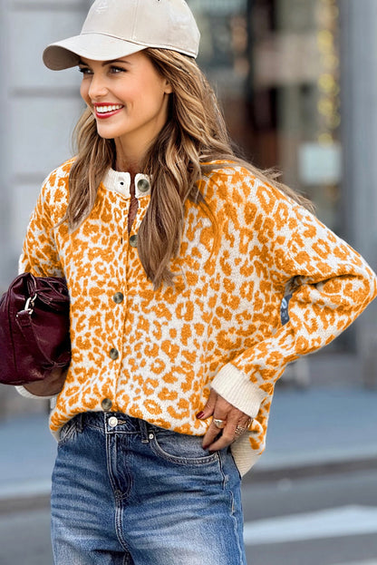 Orange Leopard Drop Shoulder Chunky Knitted Cardigan Sweater
