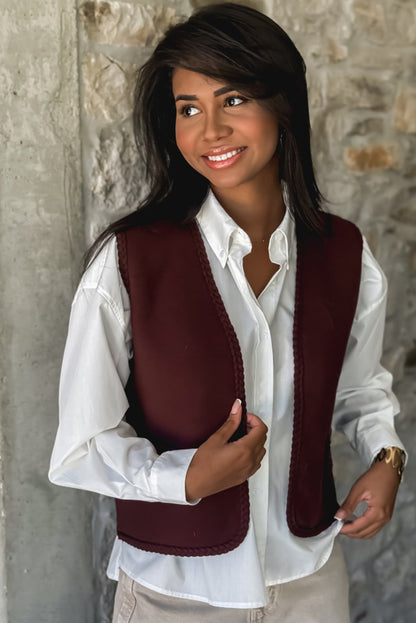Coffee Braided Trim Open Front Vest