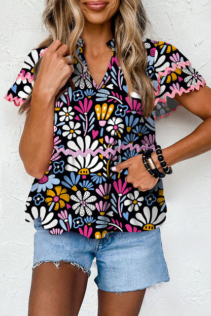 Blue Notched Neck Floral Print Ricrac Trim Short Sleeve Blouse