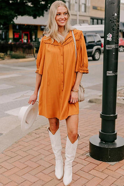 Russet Orange Solid Color 3/4 Sleeve Braided Detail Button Down Mini Shirt Dress