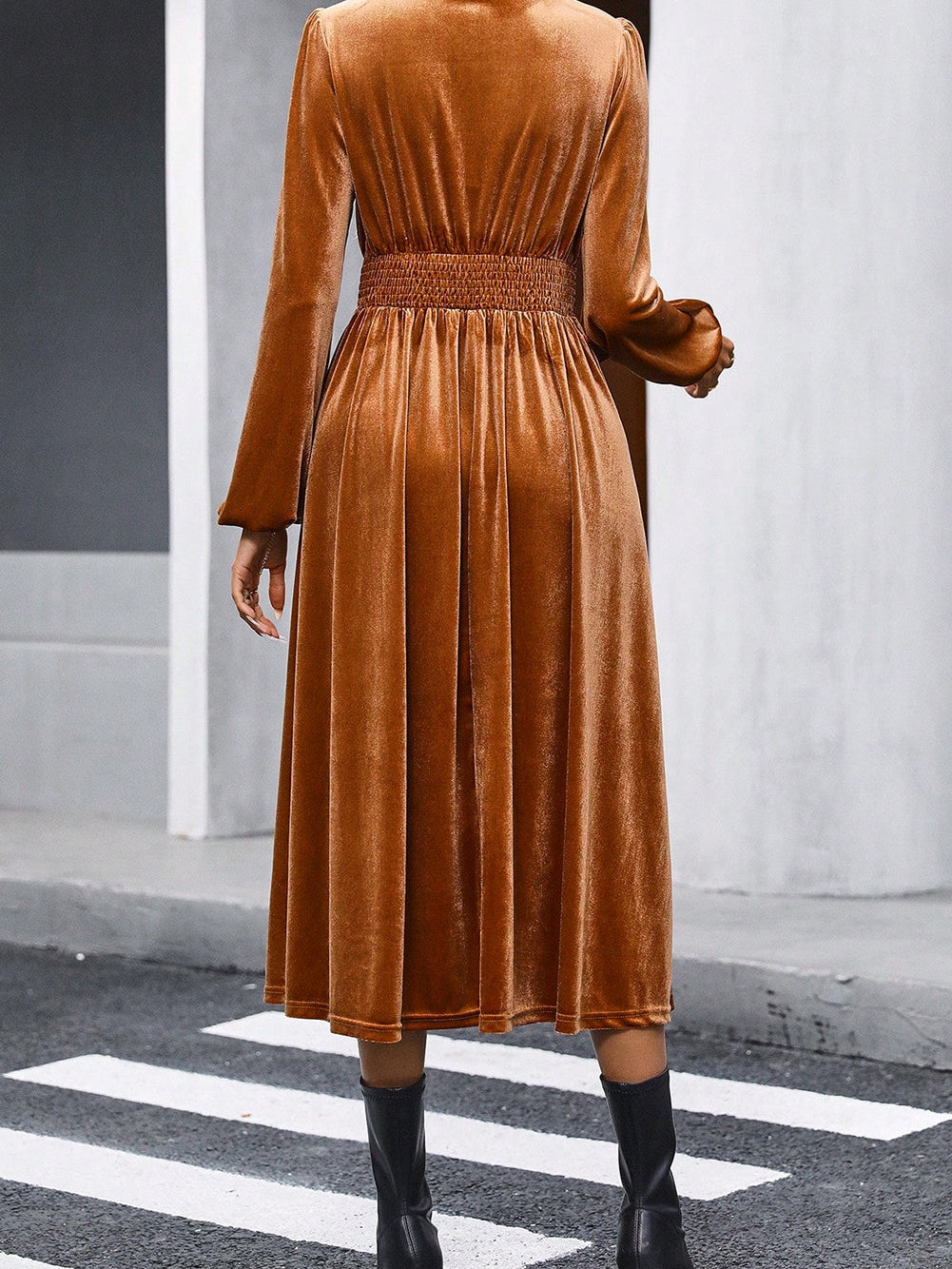 Camel Surplice V Neck Balloon Sleeve Velvet Dress