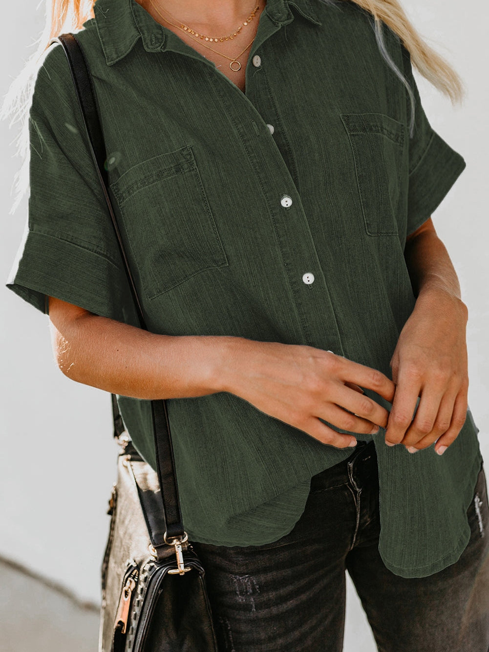 Green Casual Denim Shirt with Boyfriend Style