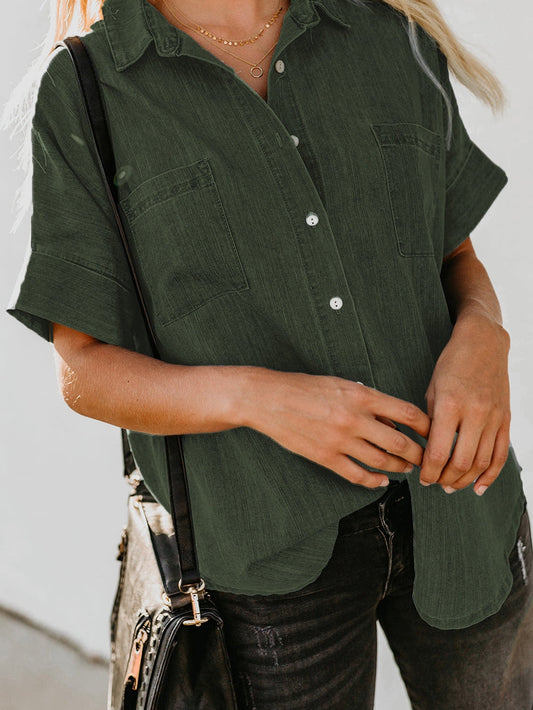 Green Casual Denim Shirt with Boyfriend Style